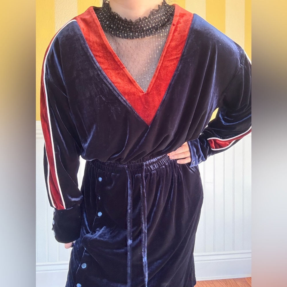 Anthropologie Elegant Velvet V-Neck Dress - Navy Blue - Picture 3 of 6